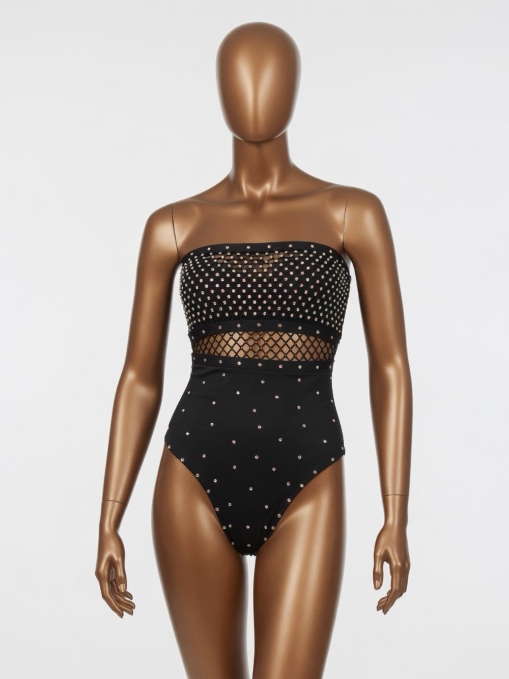 Strapless Black One-Piece Swimsuit with Studded Detail